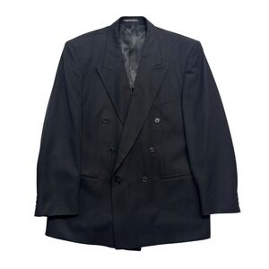 vtg 90s Franco Tassi 44L Black Double Breasted Blazer Jacket Wool Suit Coat
